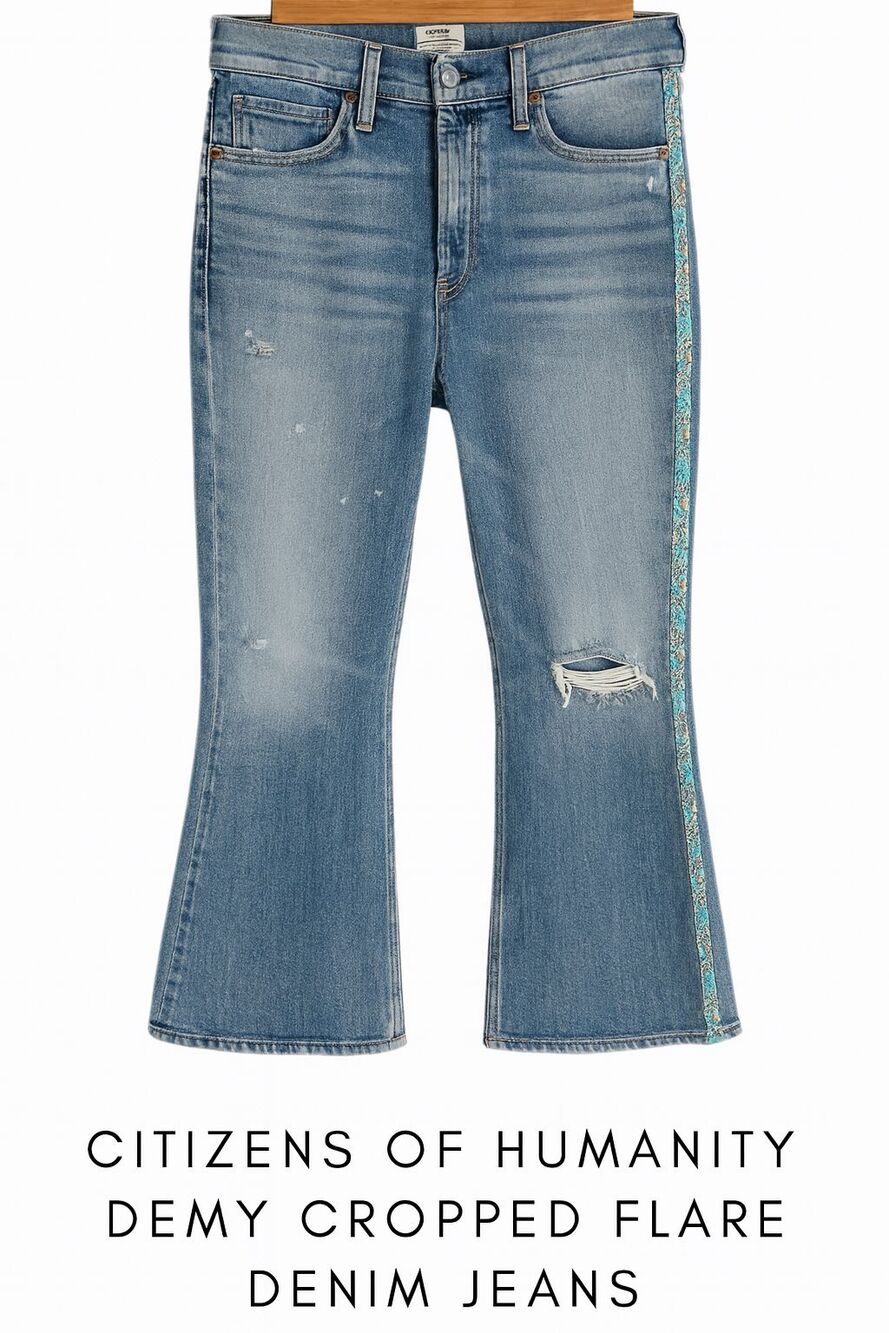Citizens of Humanity Demy Cropped Flare Jeans Floral Trim Distressed Denim 32